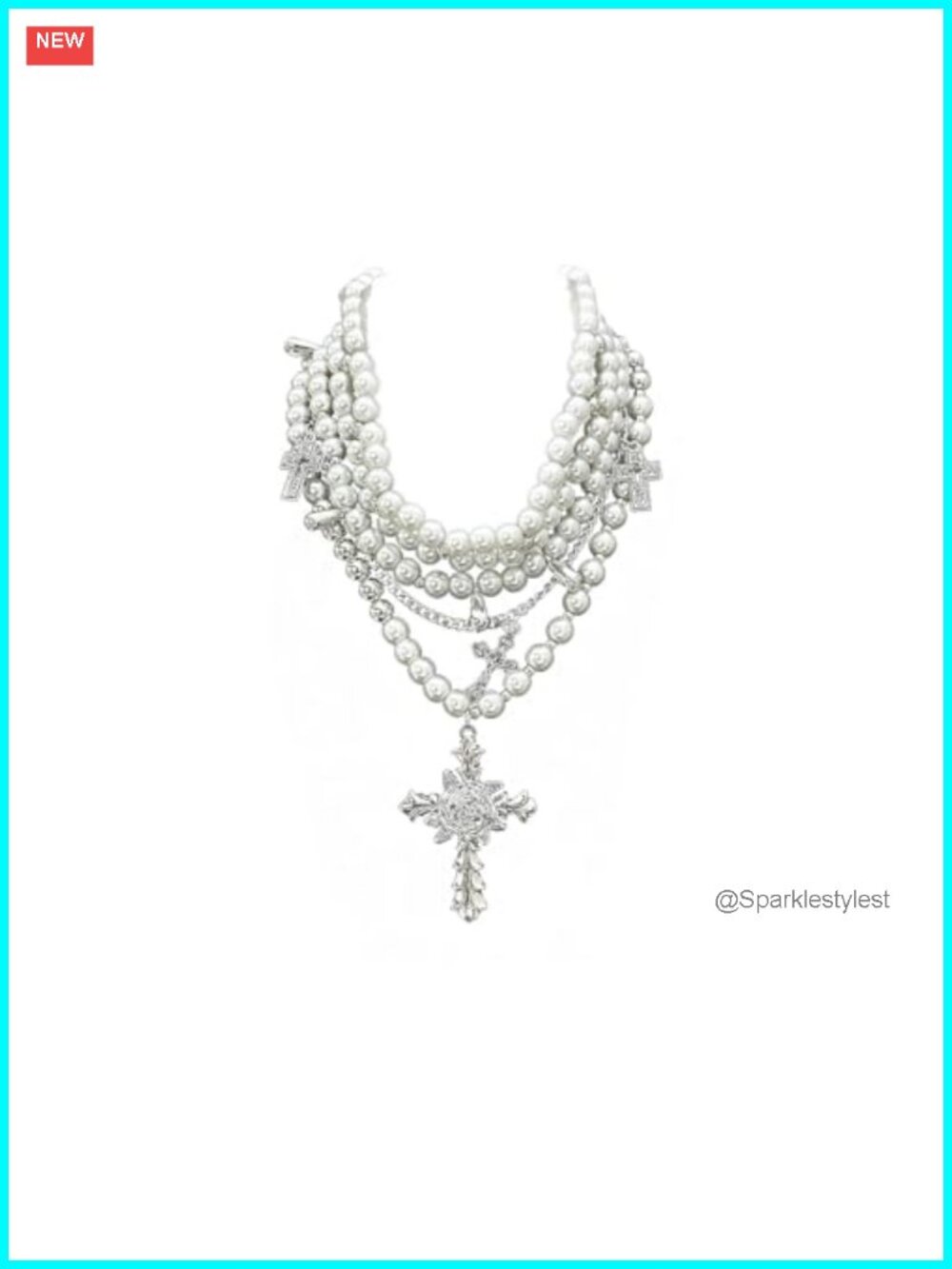 Layered Pearl Cross Necklace Gothic Stacked Faux Pearl